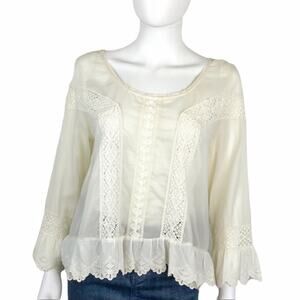 Free People White Cream Peasant Blouse Vintage Lace Sheer Long Sleeve